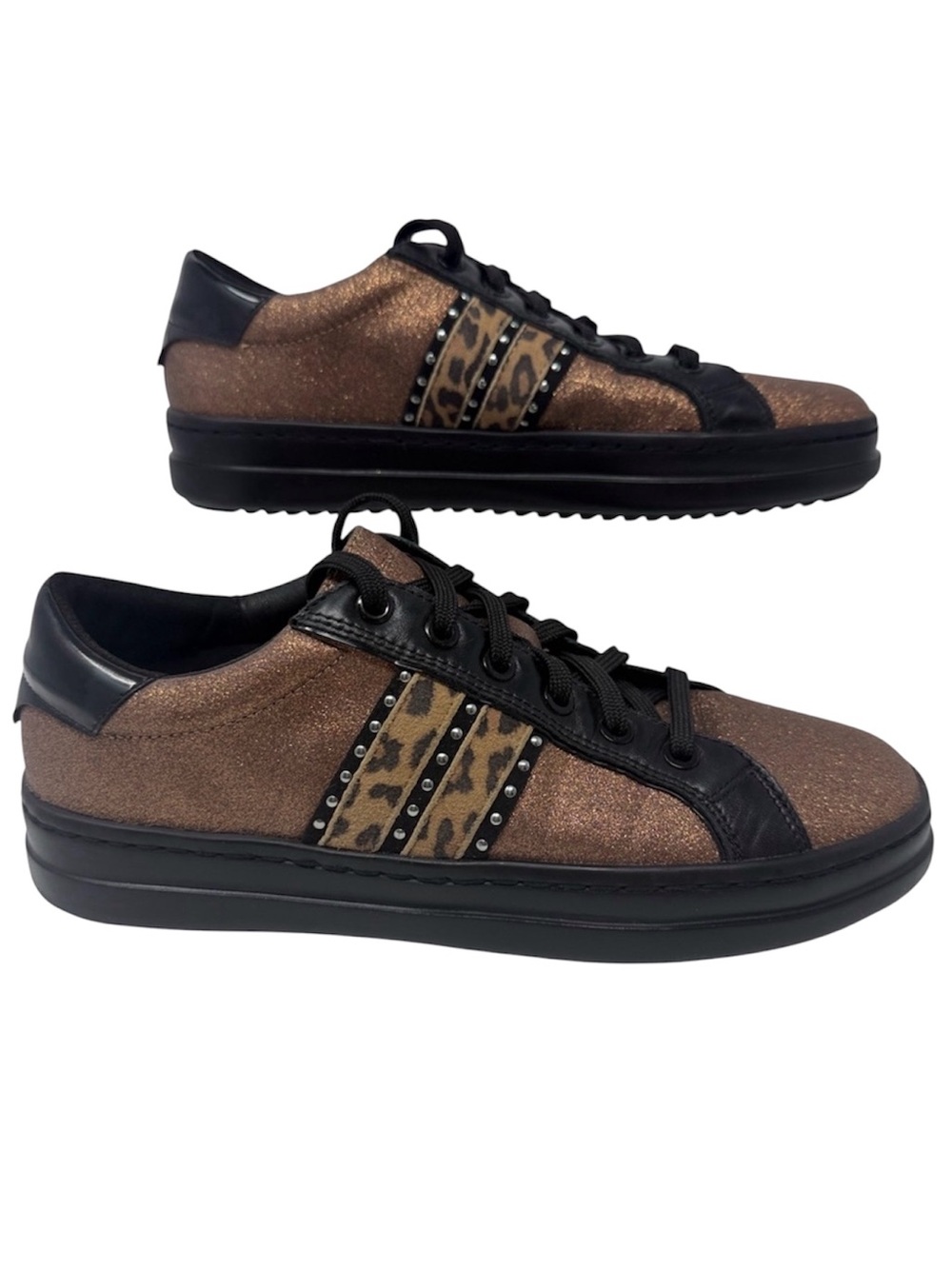 Geox Respira Bronze Glitter Low-Top Sneakers with Leopard Accent Size 9